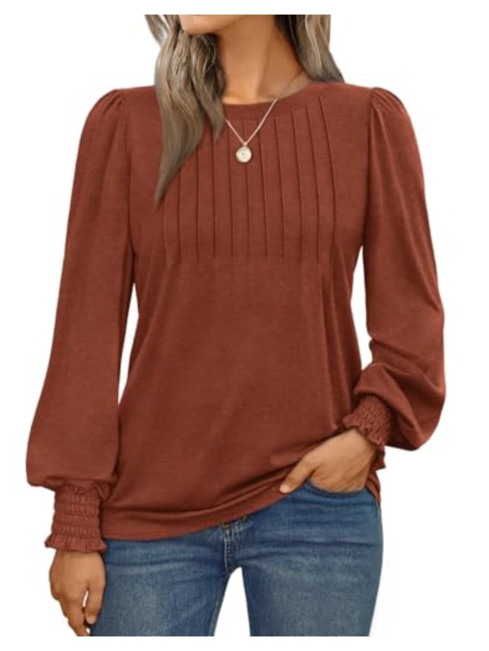 Womens Long Sleeve Blouse Pleated Front Smocked Cuffs Business Casual Top